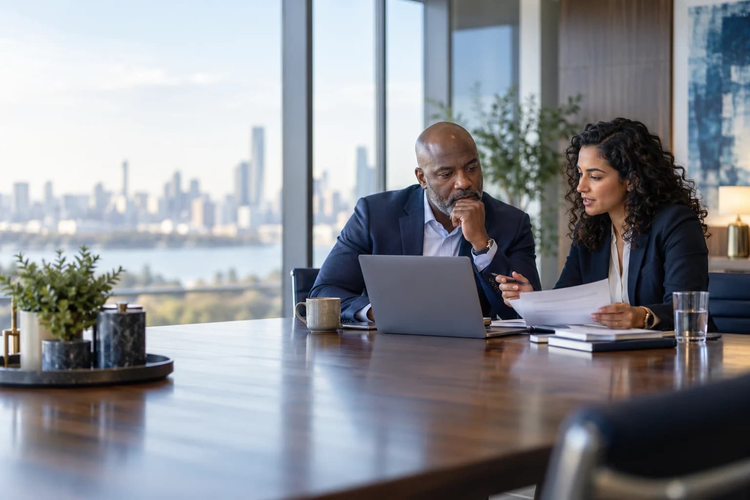 Two business leaders reviewing a laptop and notes in a modern office