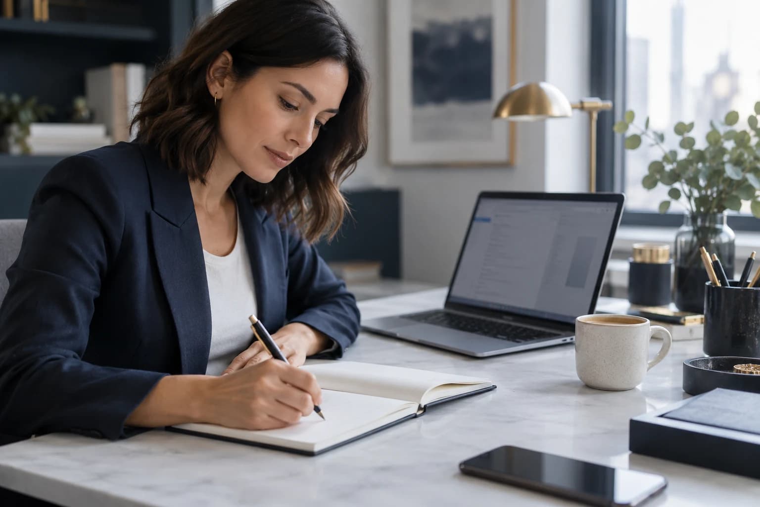 A business analyst writing a first-year budget in a notebook beside a laptop