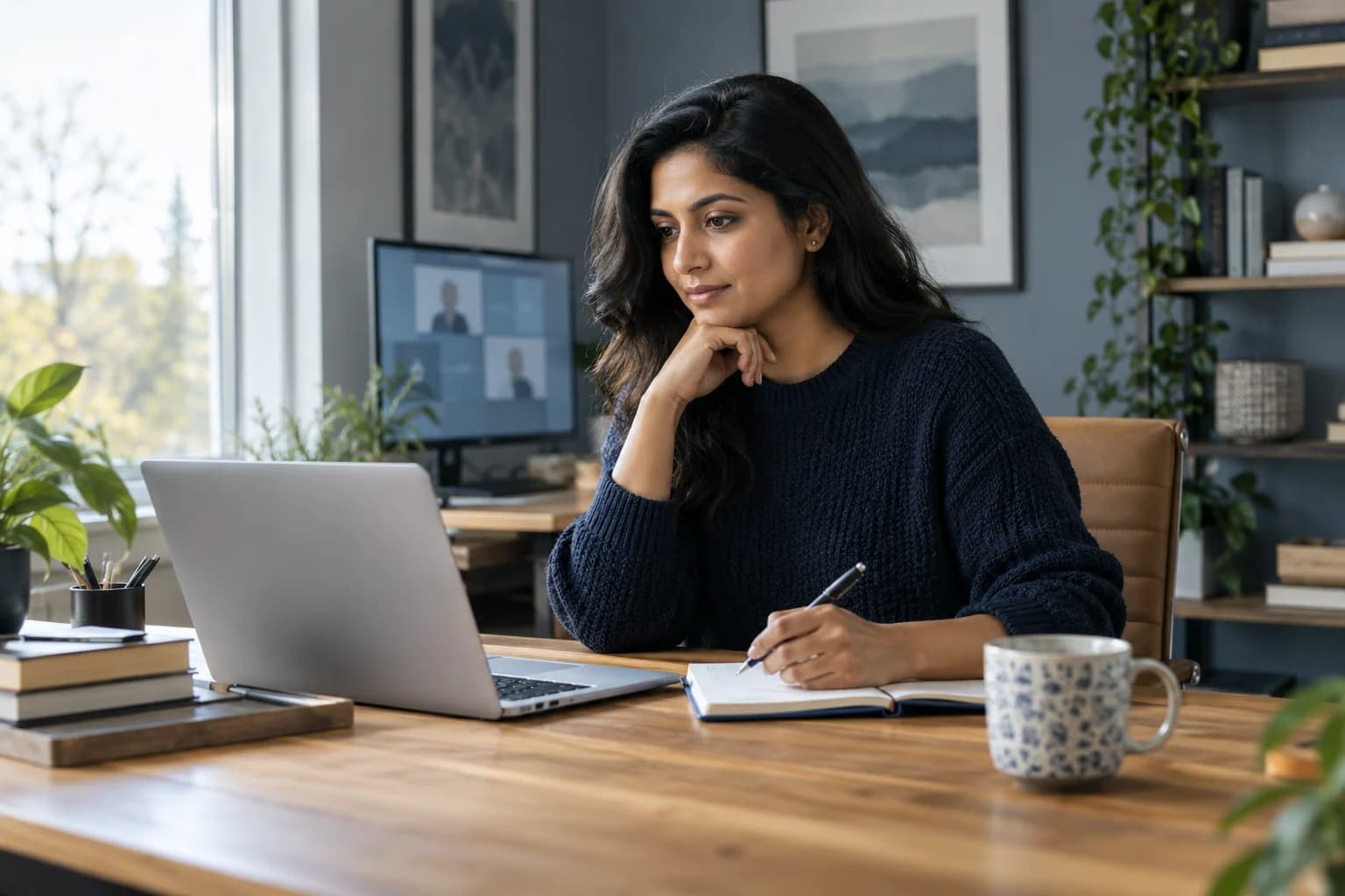 A remote professional working at a laptop beside a window in a calm home office