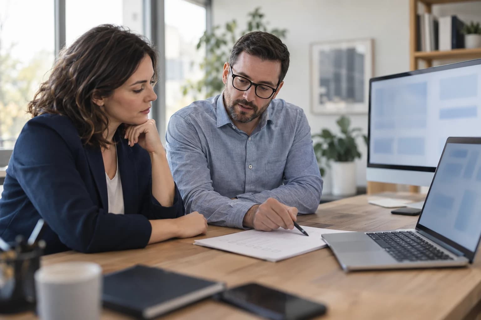 An operations manager and an IT colleague reviewing a laptop and a paper checklist in a bright office