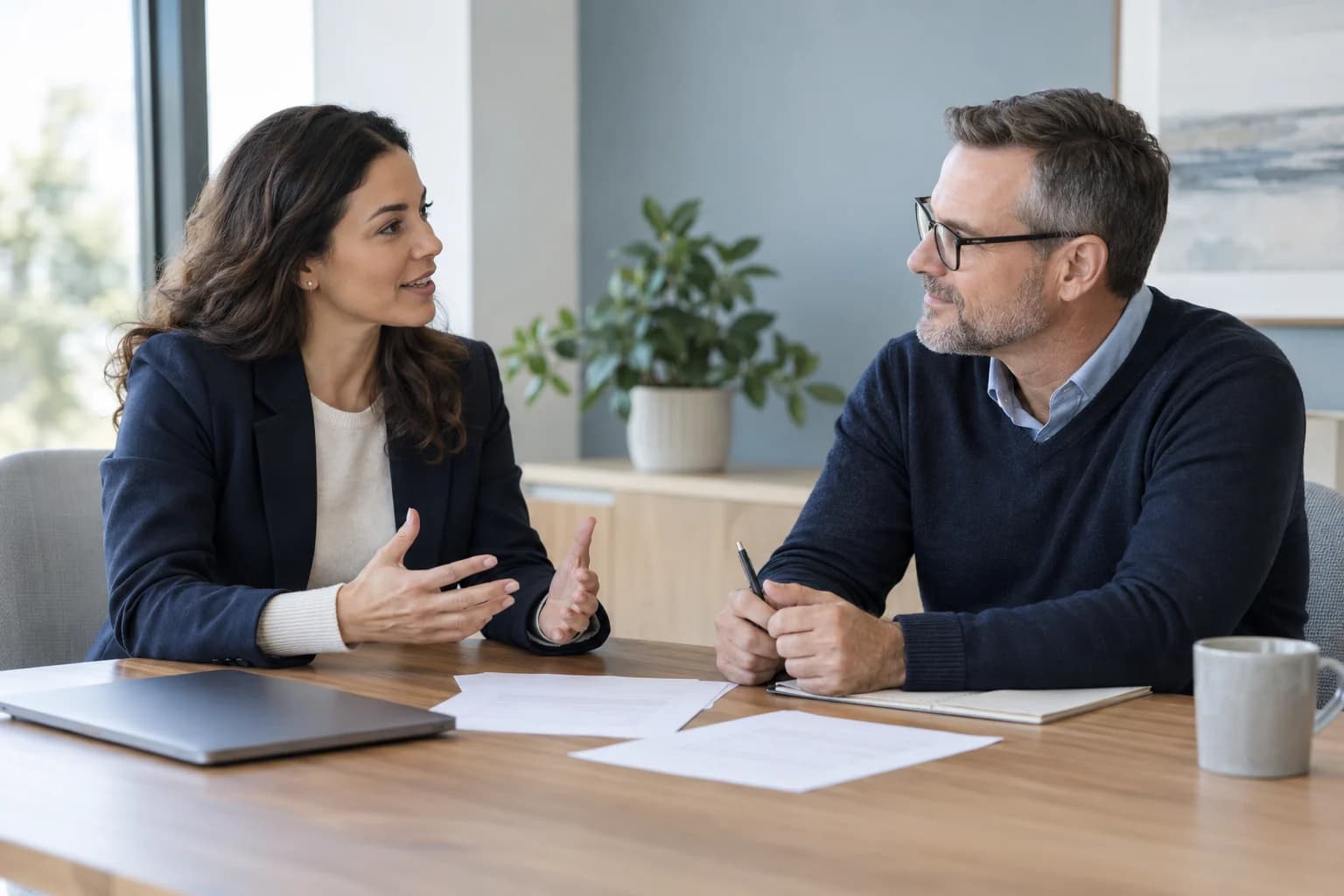 Two colleagues discussing documents in a bright meeting room with a closed laptop