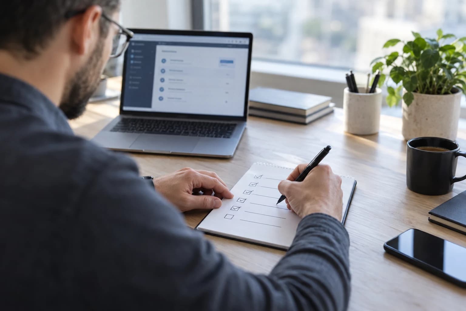 A professional documenting a software migration plan beside a laptop