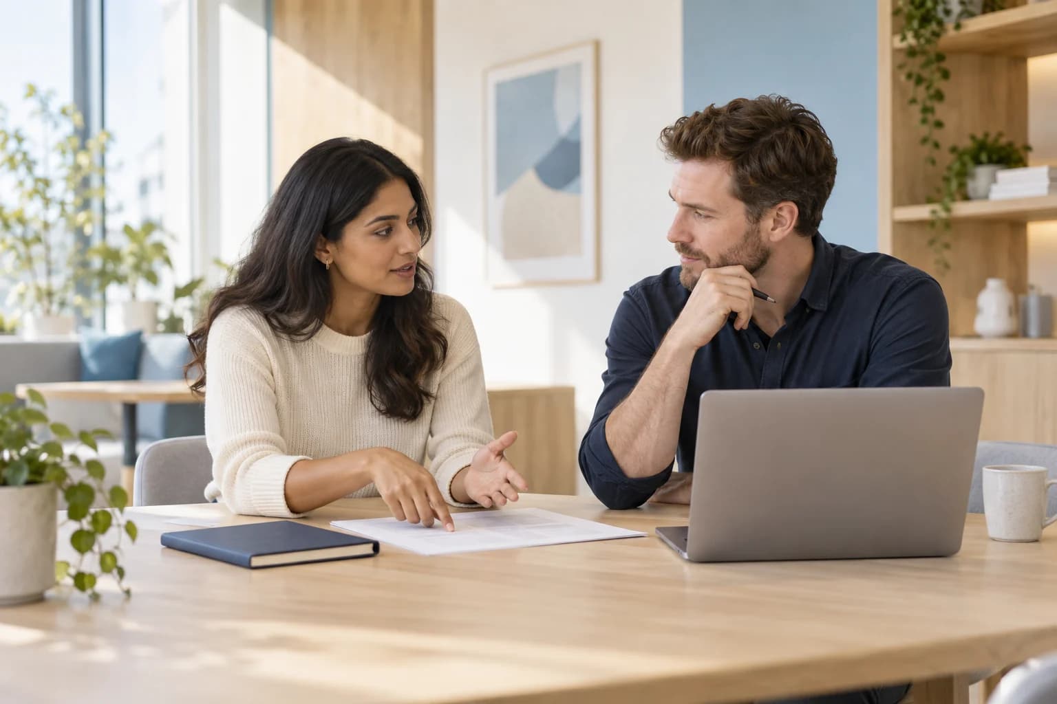 Two colleagues discussing a project paper beside a laptop and a navy notebook in a bright office