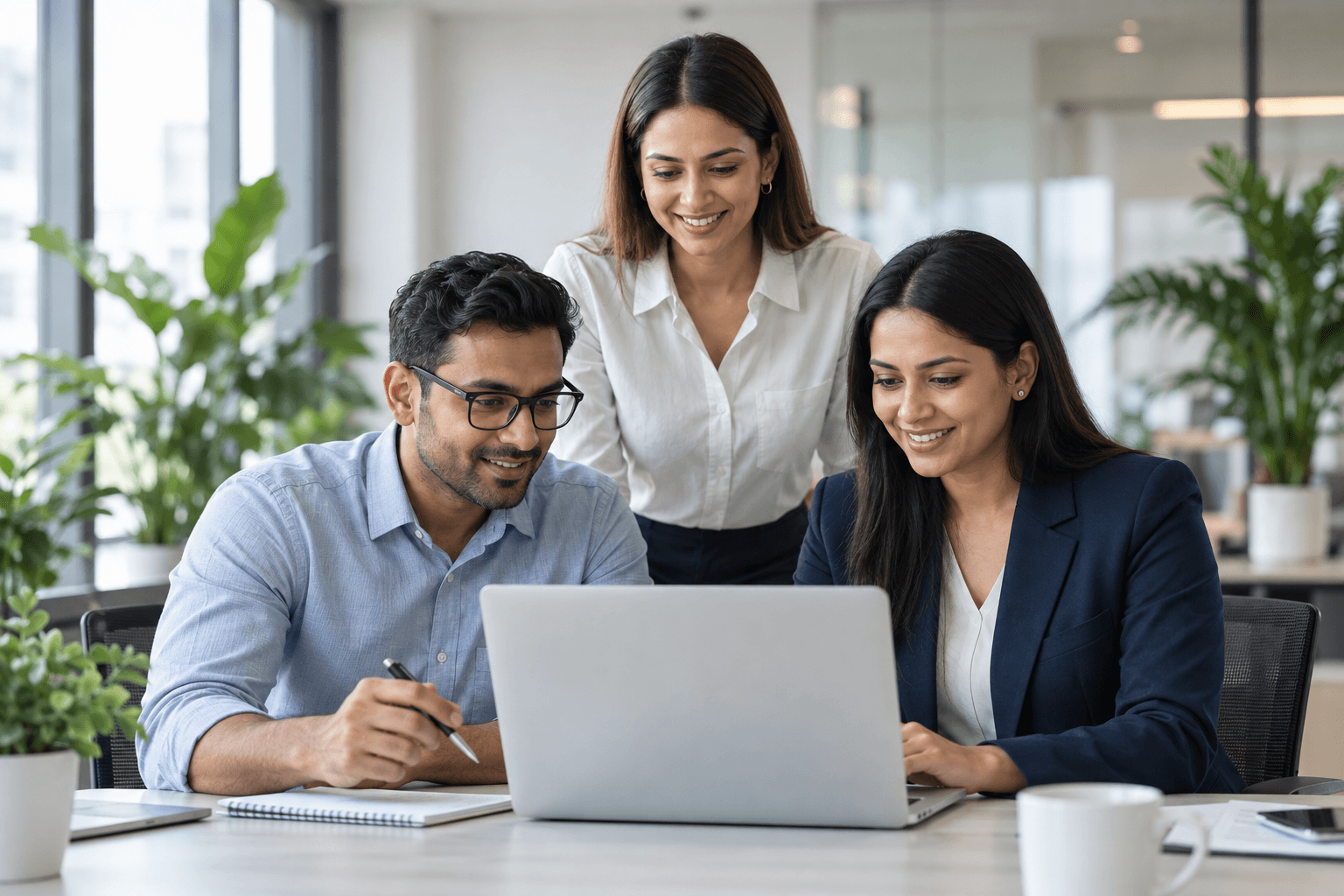 Agency colleagues collaborating around a laptop