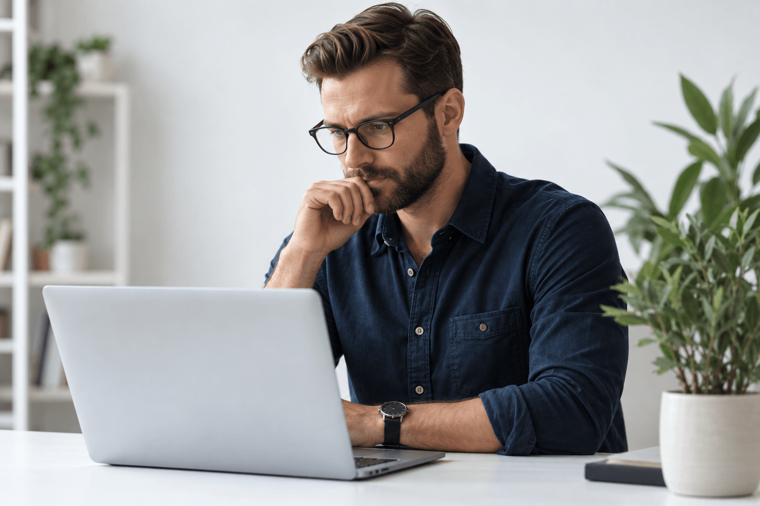 Operations manager reviewing work on his laptop