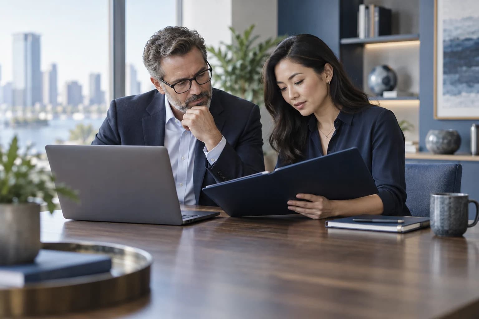 Two professionals reviewing documents and a laptop in a bright office