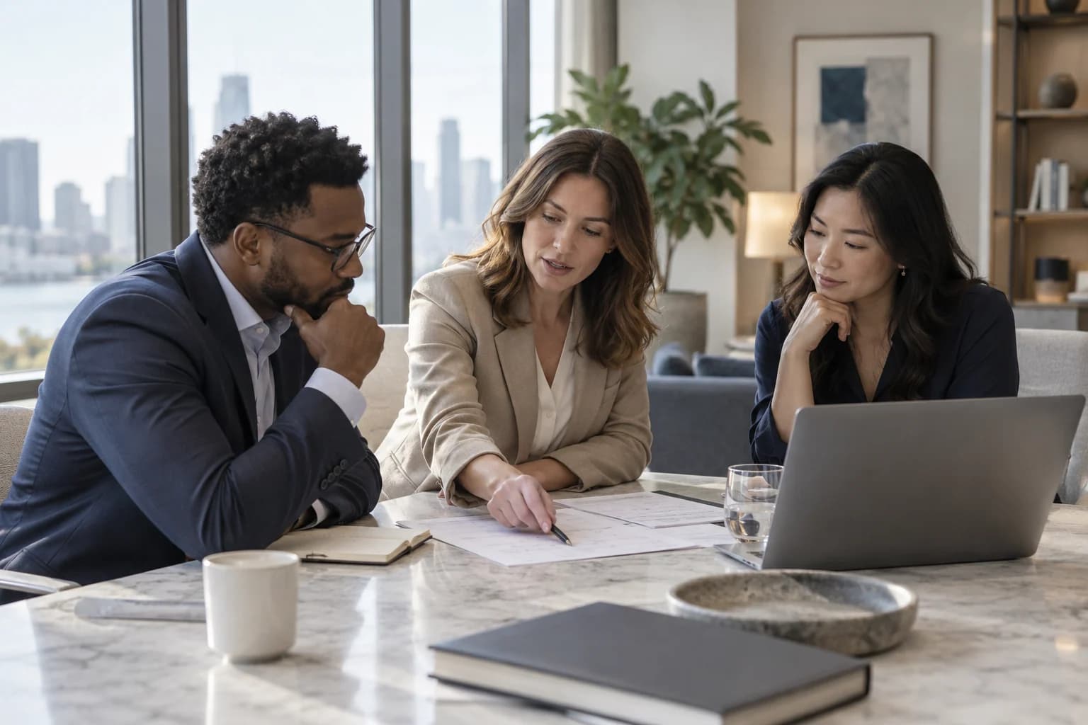 Three colleagues discussing a paper work plan beside a laptop