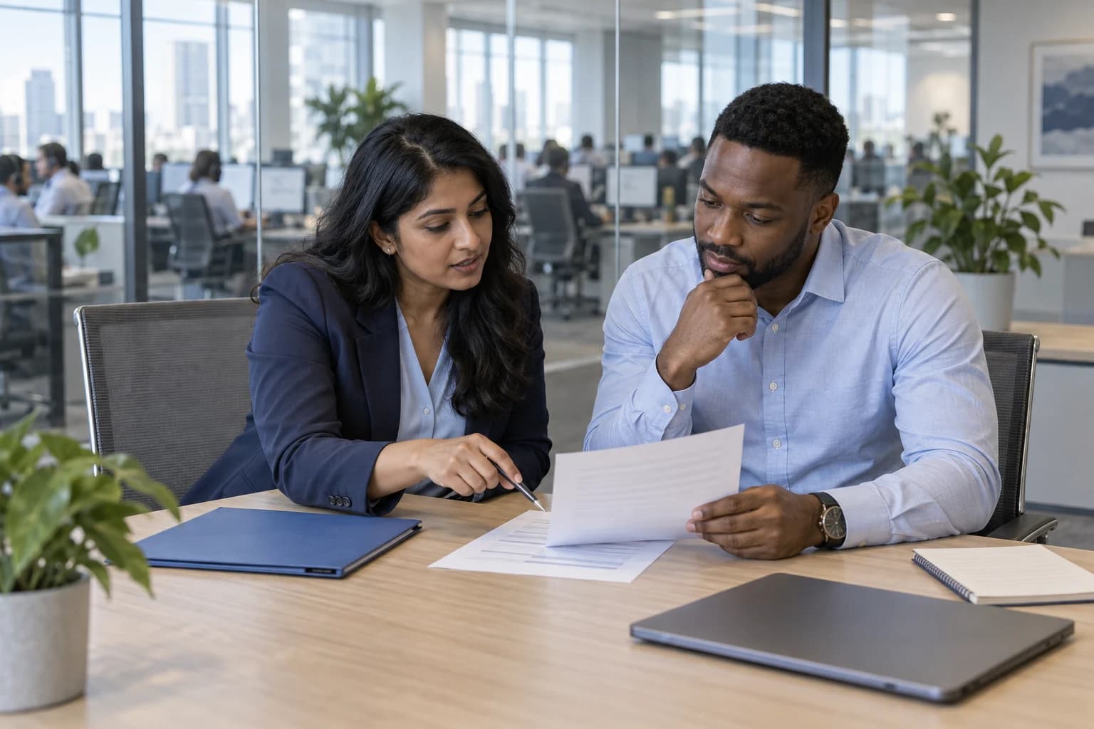 Two account operations colleagues reviewing a paper beside a closed laptop in a meeting room overlooking a support team