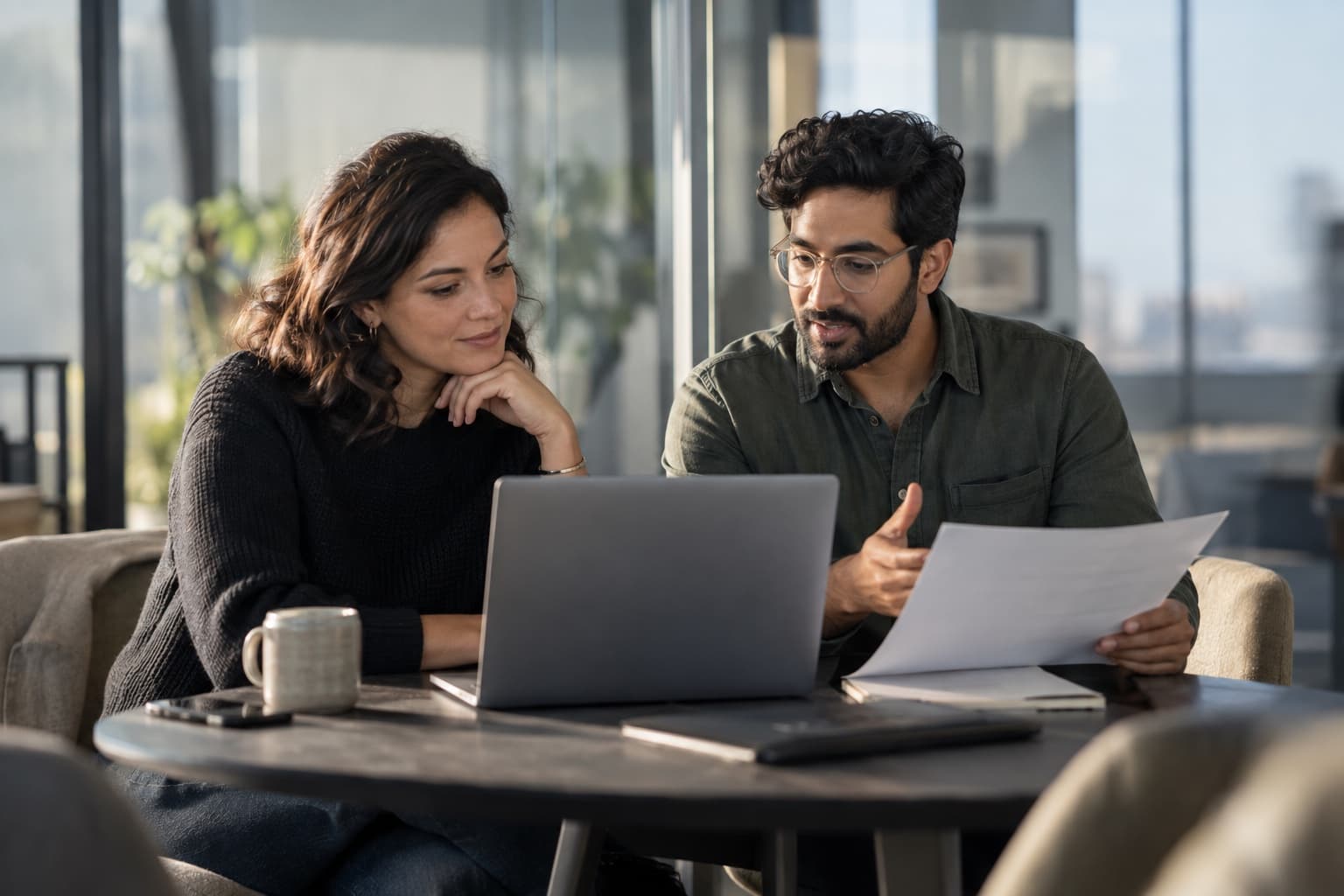 Two colleagues discussing a document beside a laptop