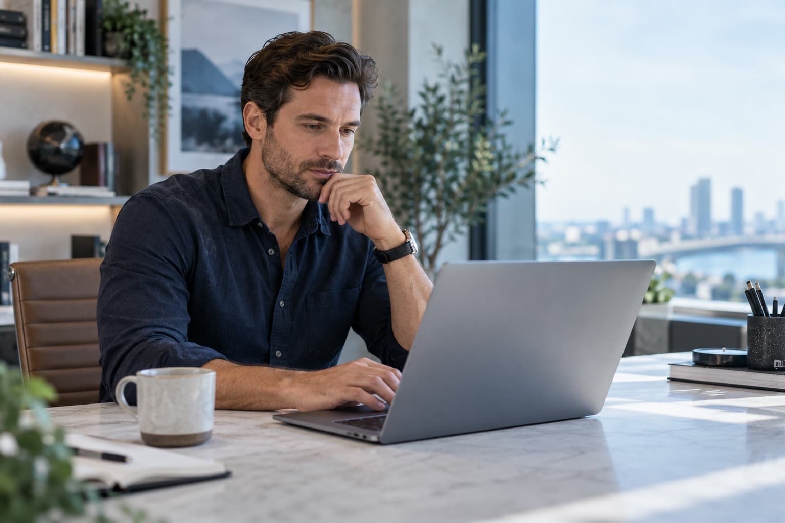 Professional thoughtfully reviewing work information on an unbranded laptop
