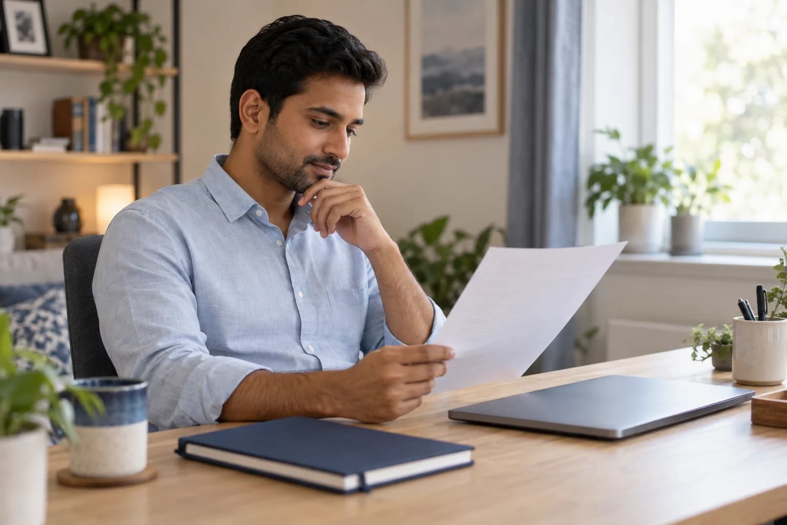 A remote professional reading a printed workplace document beside a closed laptop in a bright home workspace
