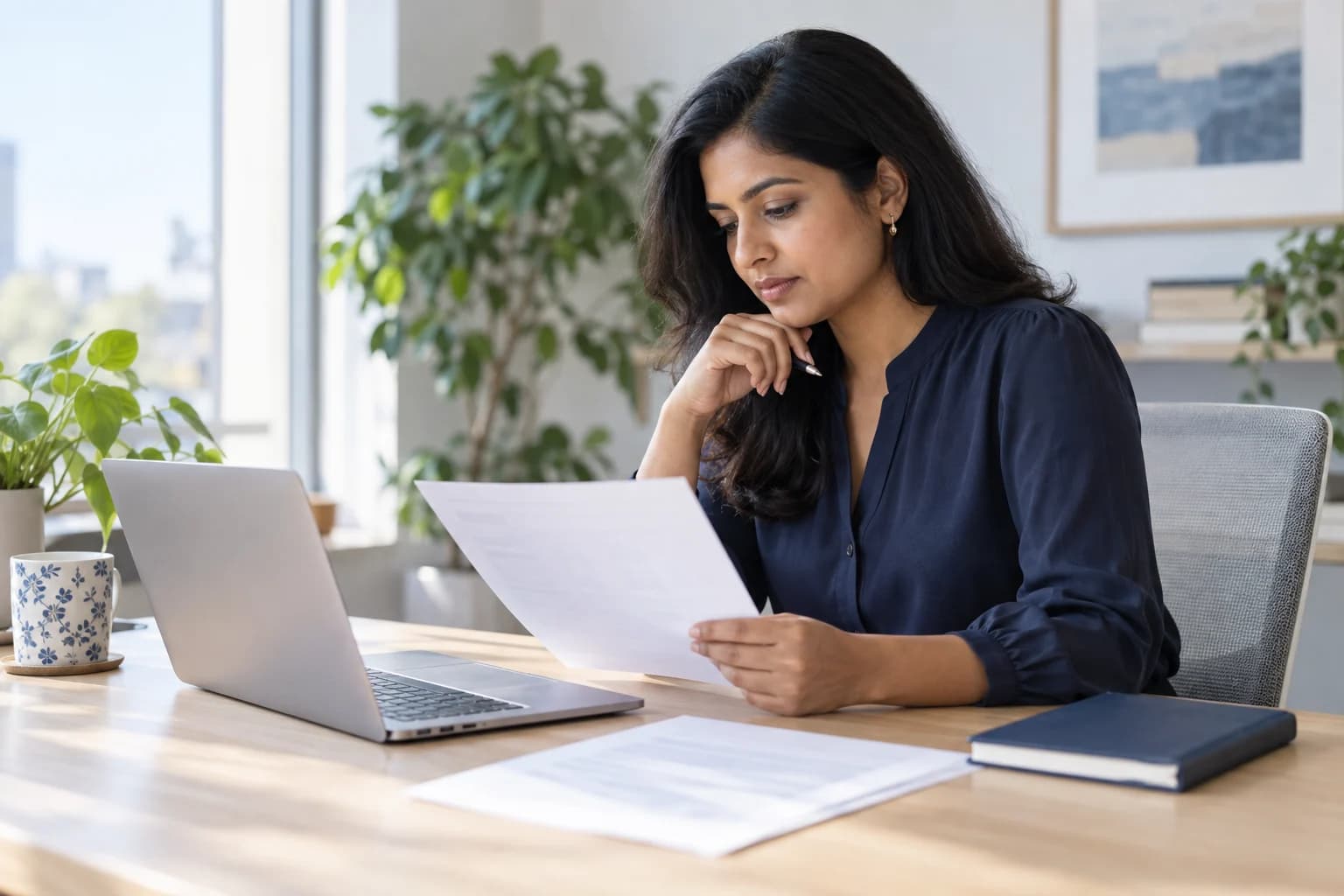 A professional reviewing a printed document beside a laptop and a navy notebook in a quiet office