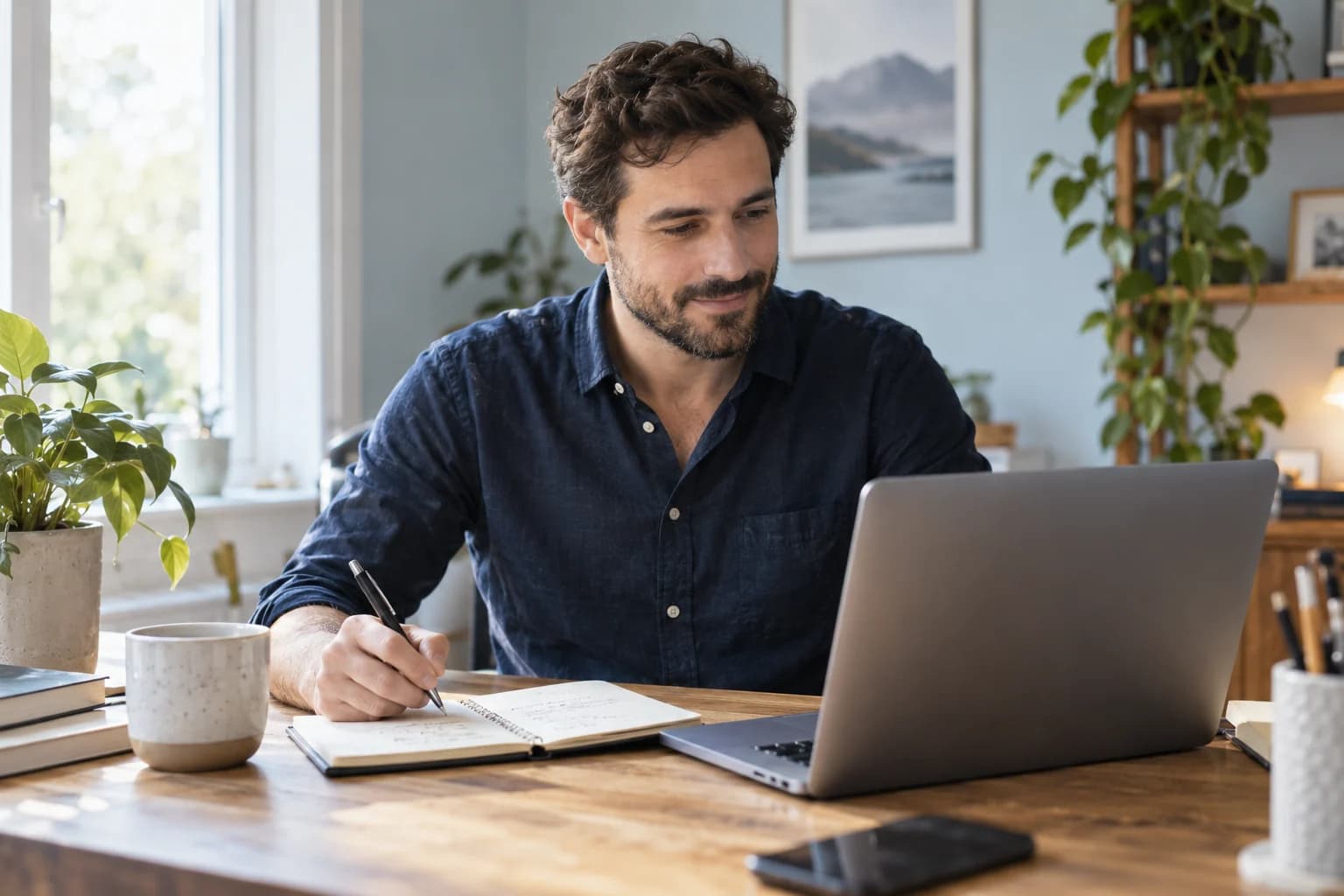 A remote worker preparing an update beside a laptop and notebook in a home office