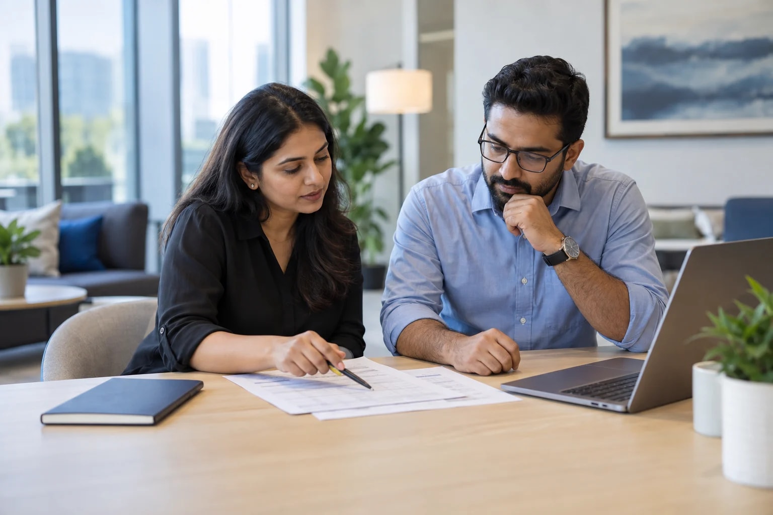 AI-generated editorial illustration of two operations colleagues reviewing paper work records; not customer employees.