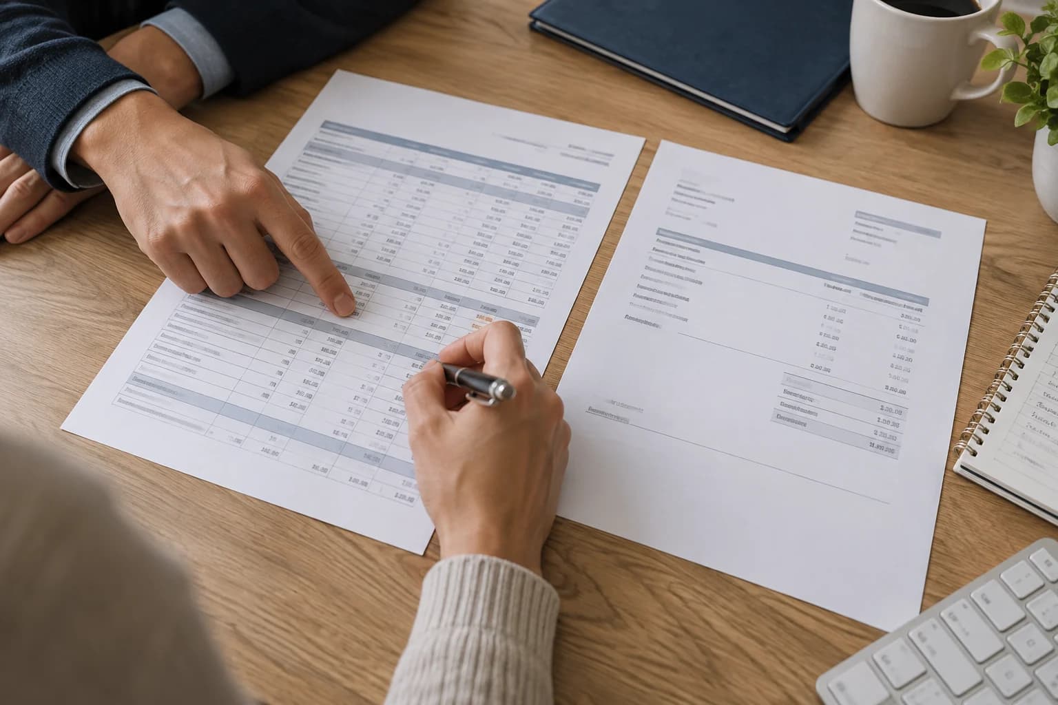 AI-generated editorial close-up of colleagues comparing paper time and invoice records, illustrating a human exception review.