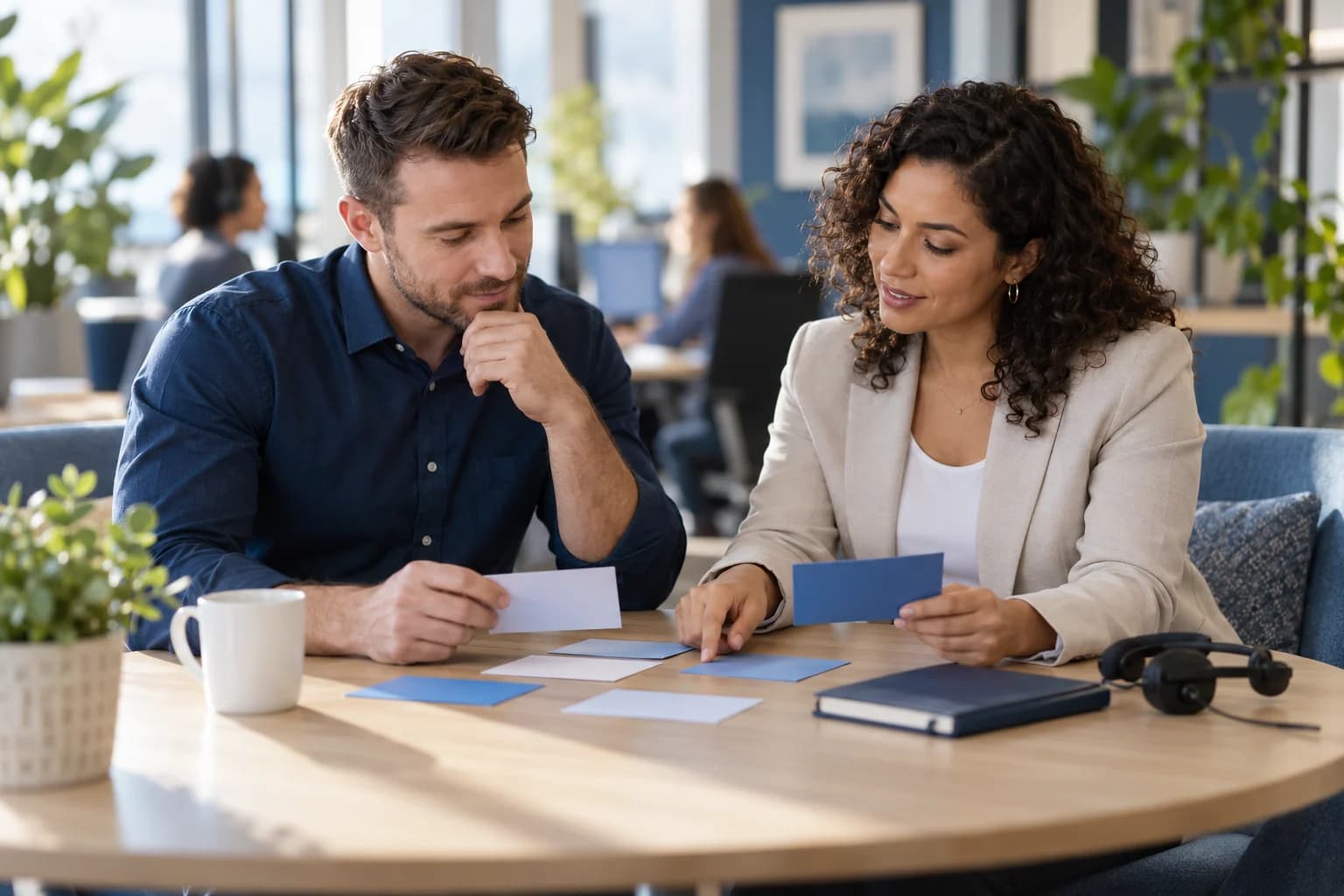 AI-generated editorial illustration of two support colleagues reviewing blank planning cards; not Lendware staff or an actual support schedule.