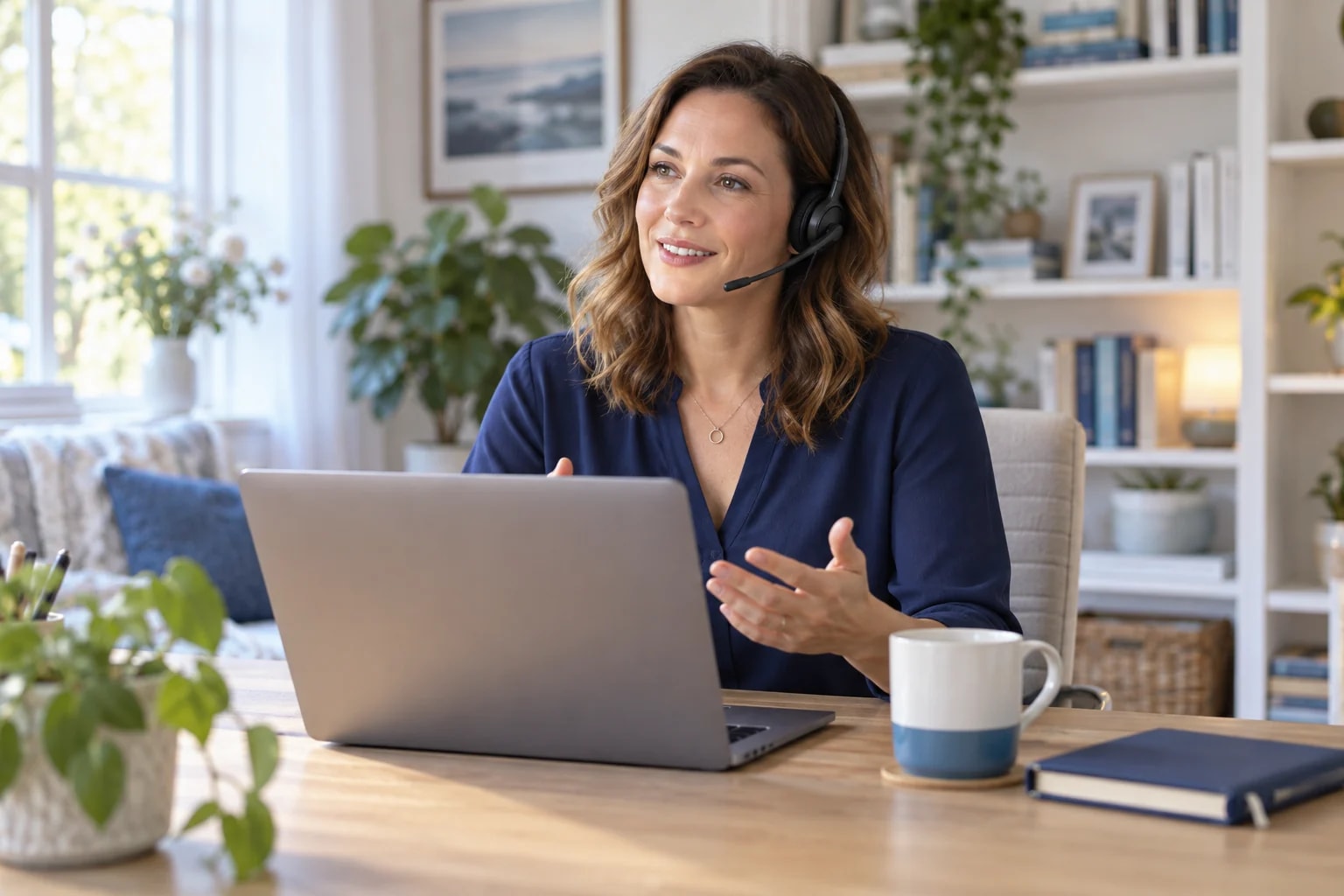 AI-generated editorial illustration of a recruiter on a headset call in a home office; not a Pinpoint Hire employee or an actual candidate call.