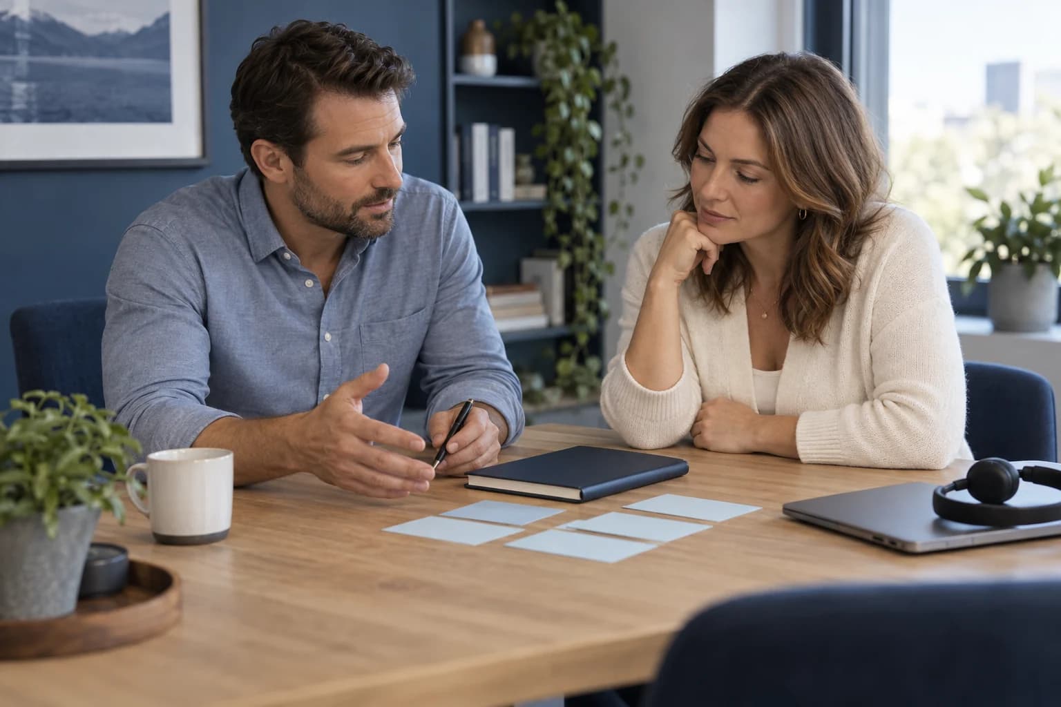 AI-generated editorial illustration of two recruitment colleagues discussing strategy with blank planning cards; not Pinpoint Hire staff or candidate records.