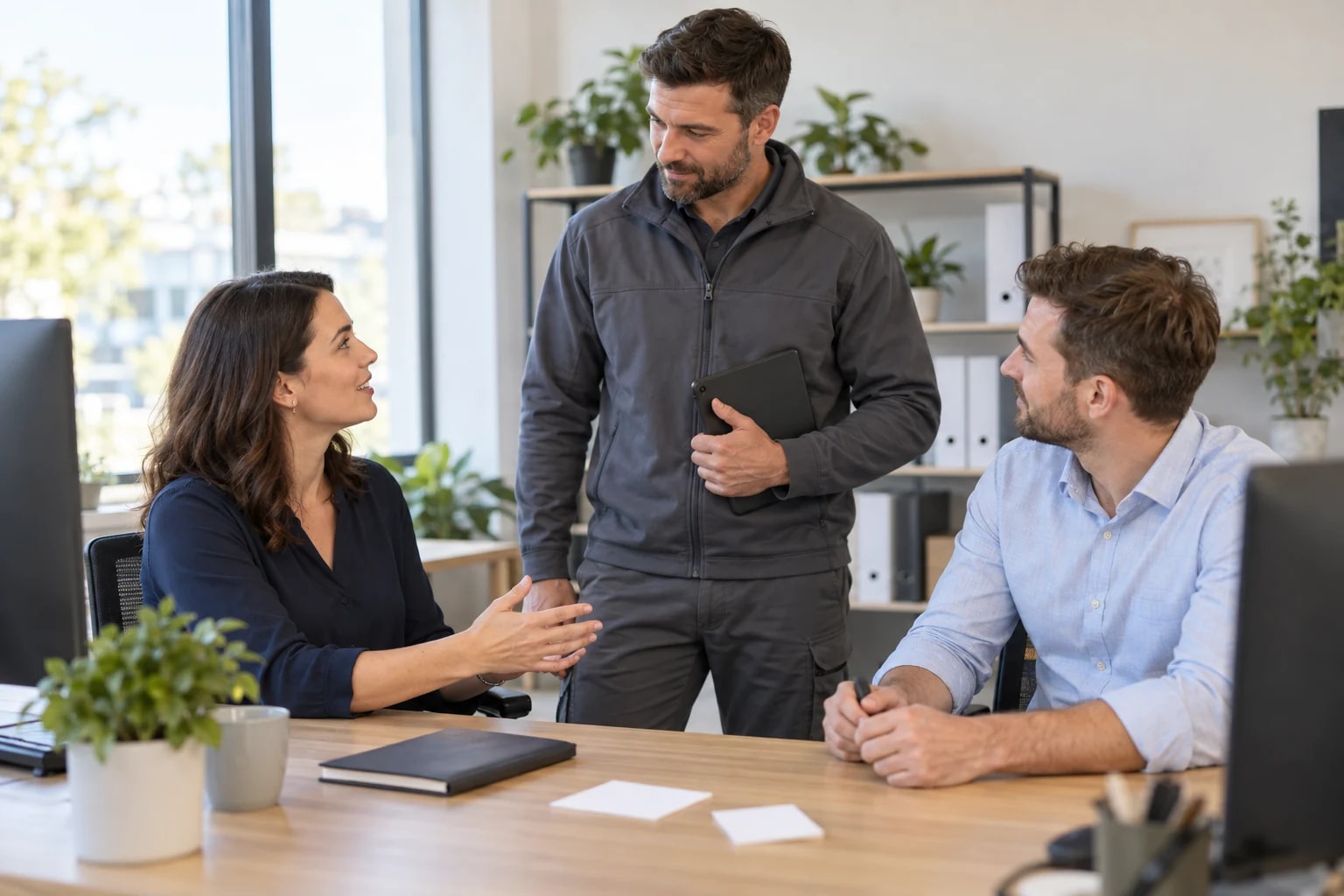 AI-generated editorial illustration of office coordinators discussing a service handoff with a technician; not Transit & Flow staff or offices.