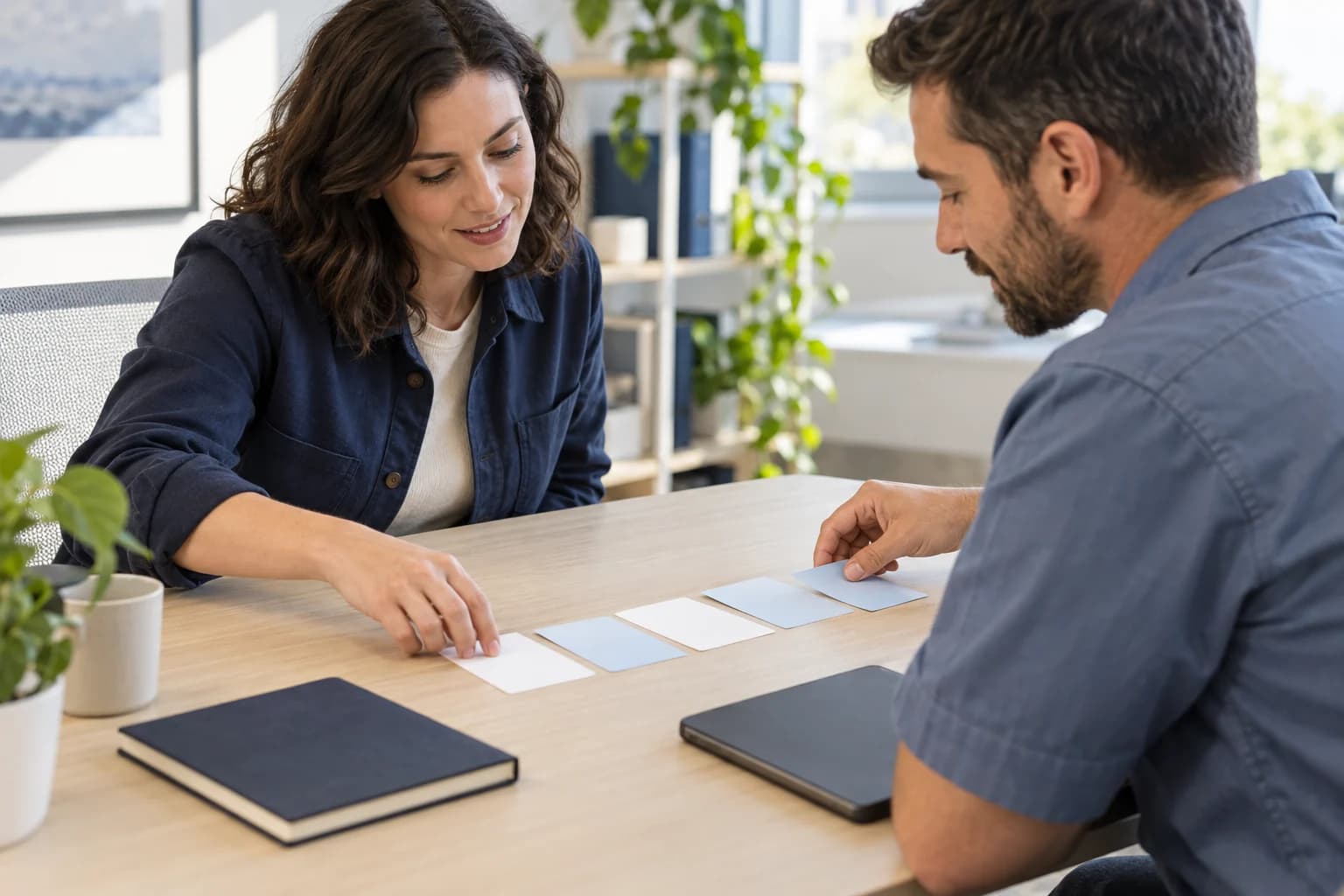 AI-generated editorial illustration of two service-operations colleagues arranging blank workflow cards; not Transit & Flow staff, job records or property information.