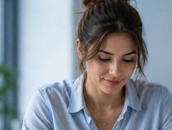 A person concentrating in a calm, naturally lit workspace
