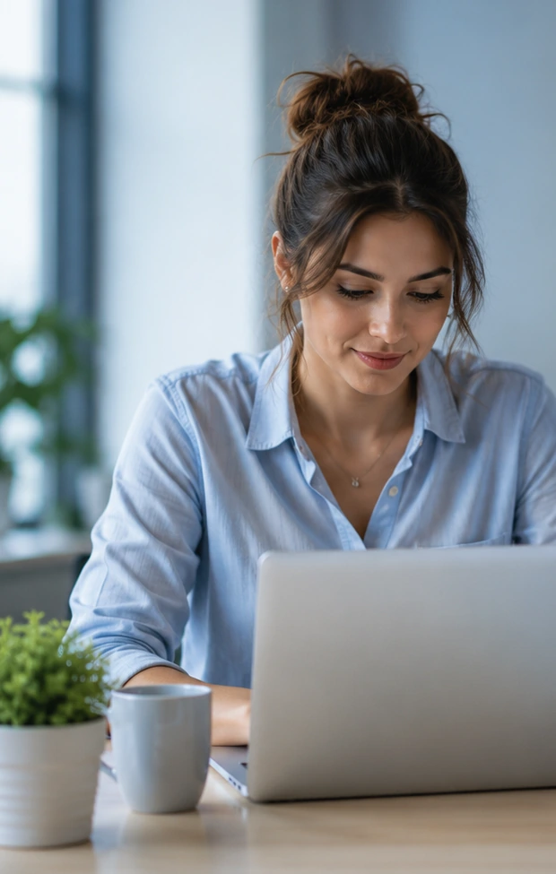 A professional working at a laptop in a calm, naturally lit workspace