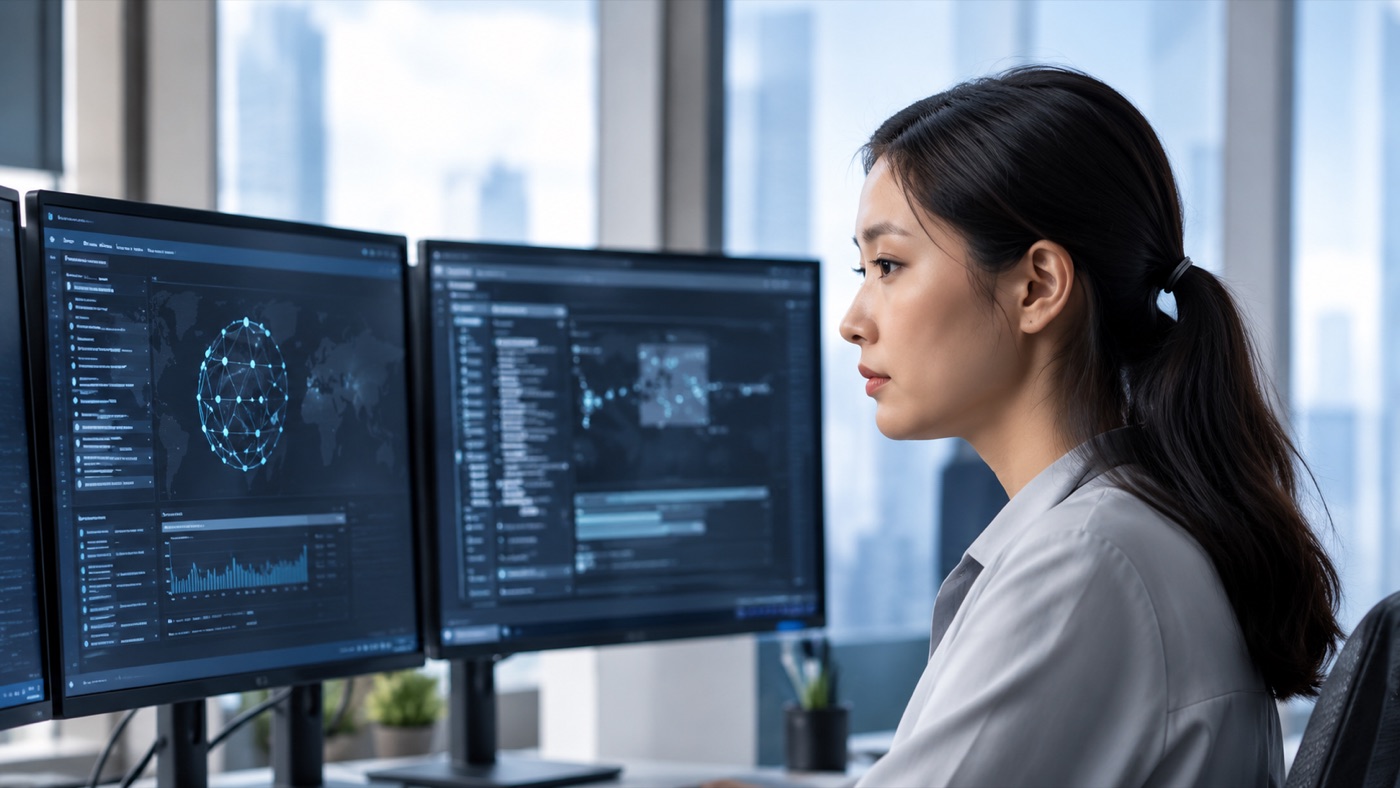 A security professional reviewing information on two monitors