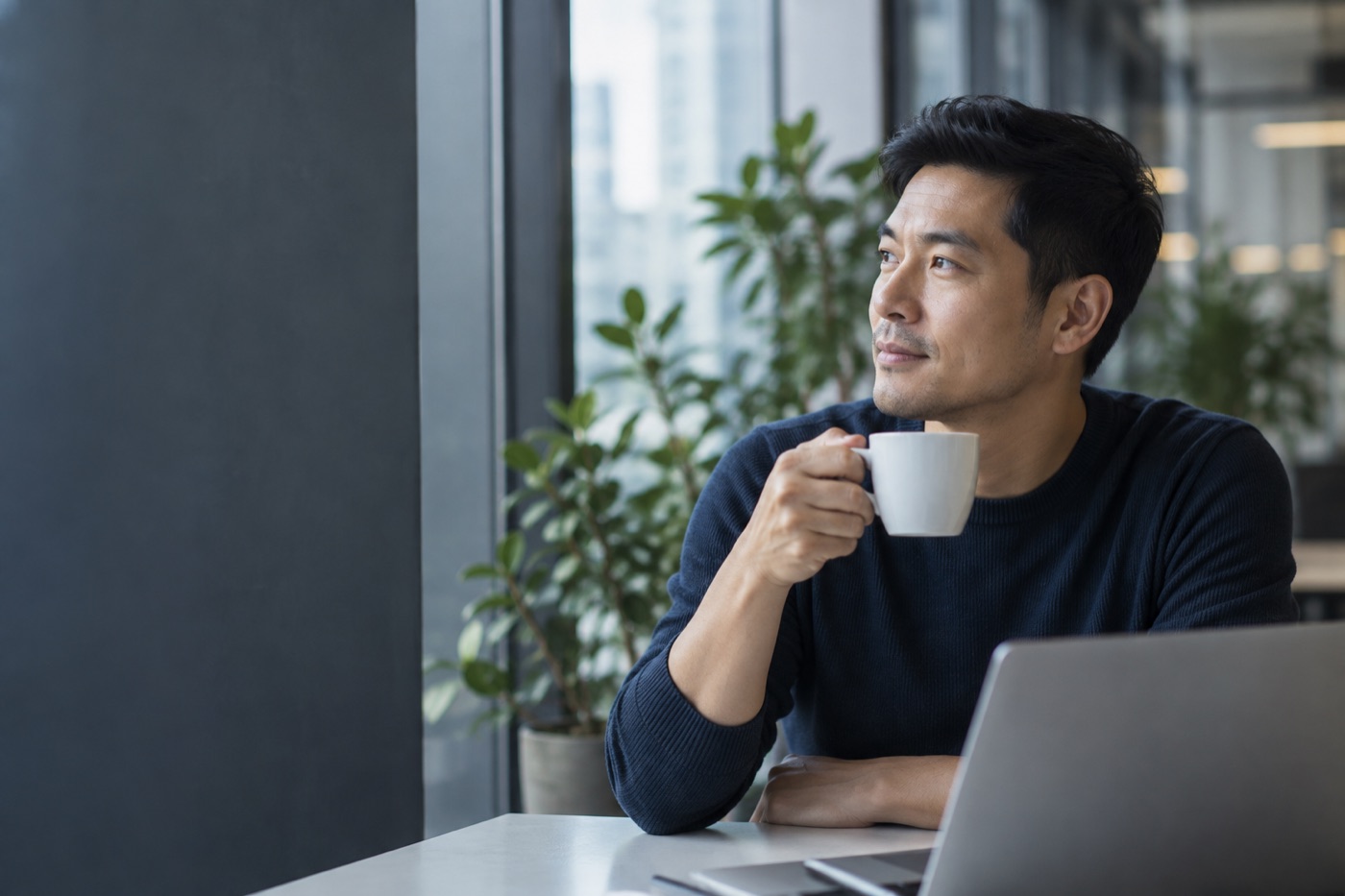 A thoughtful professional holding a coffee cup beside a laptop