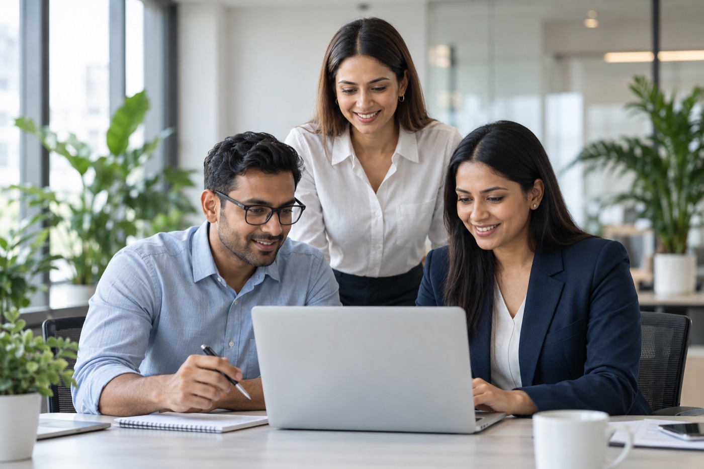 Colleagues working together around a laptop