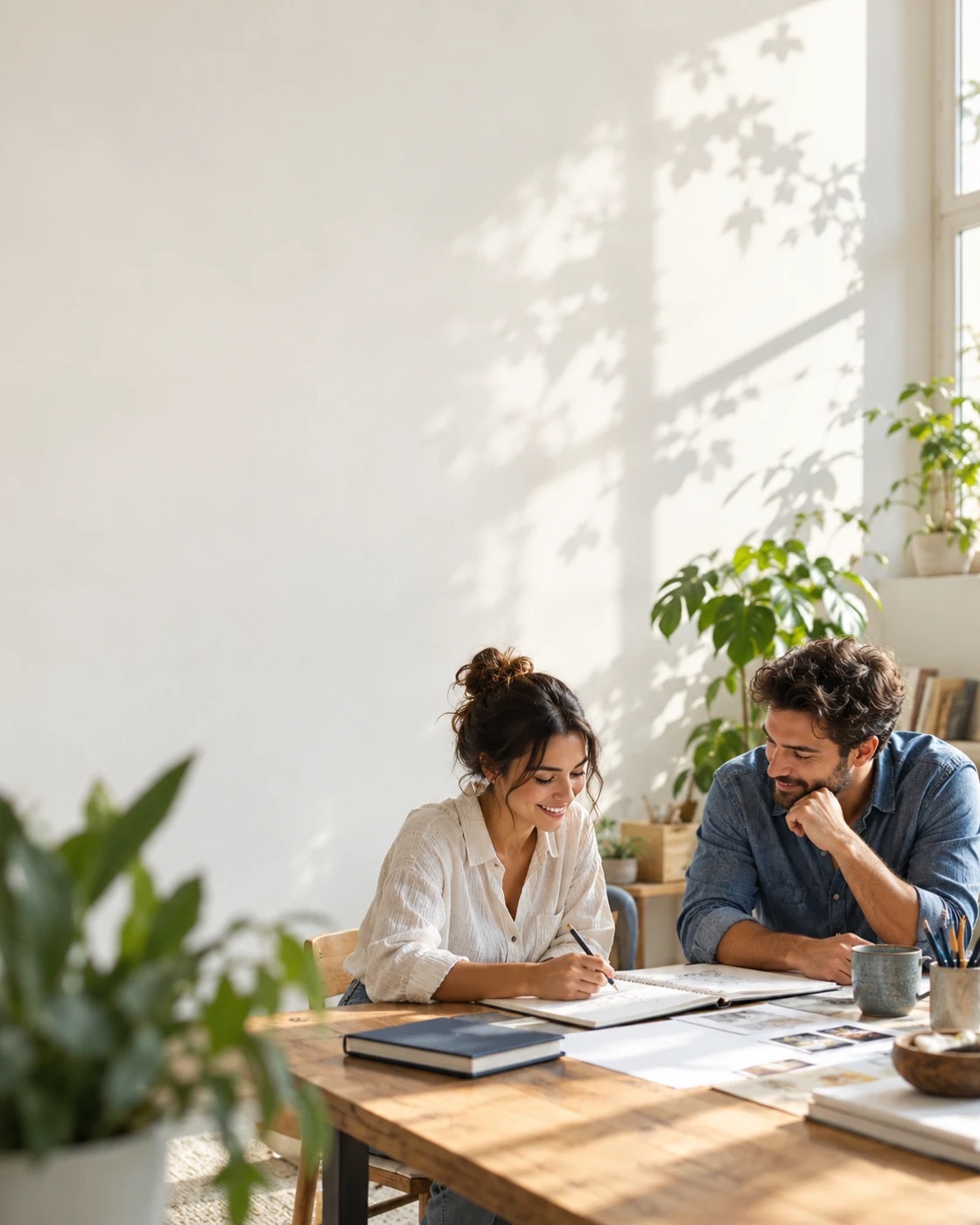 Two colleagues planning together at a bright table