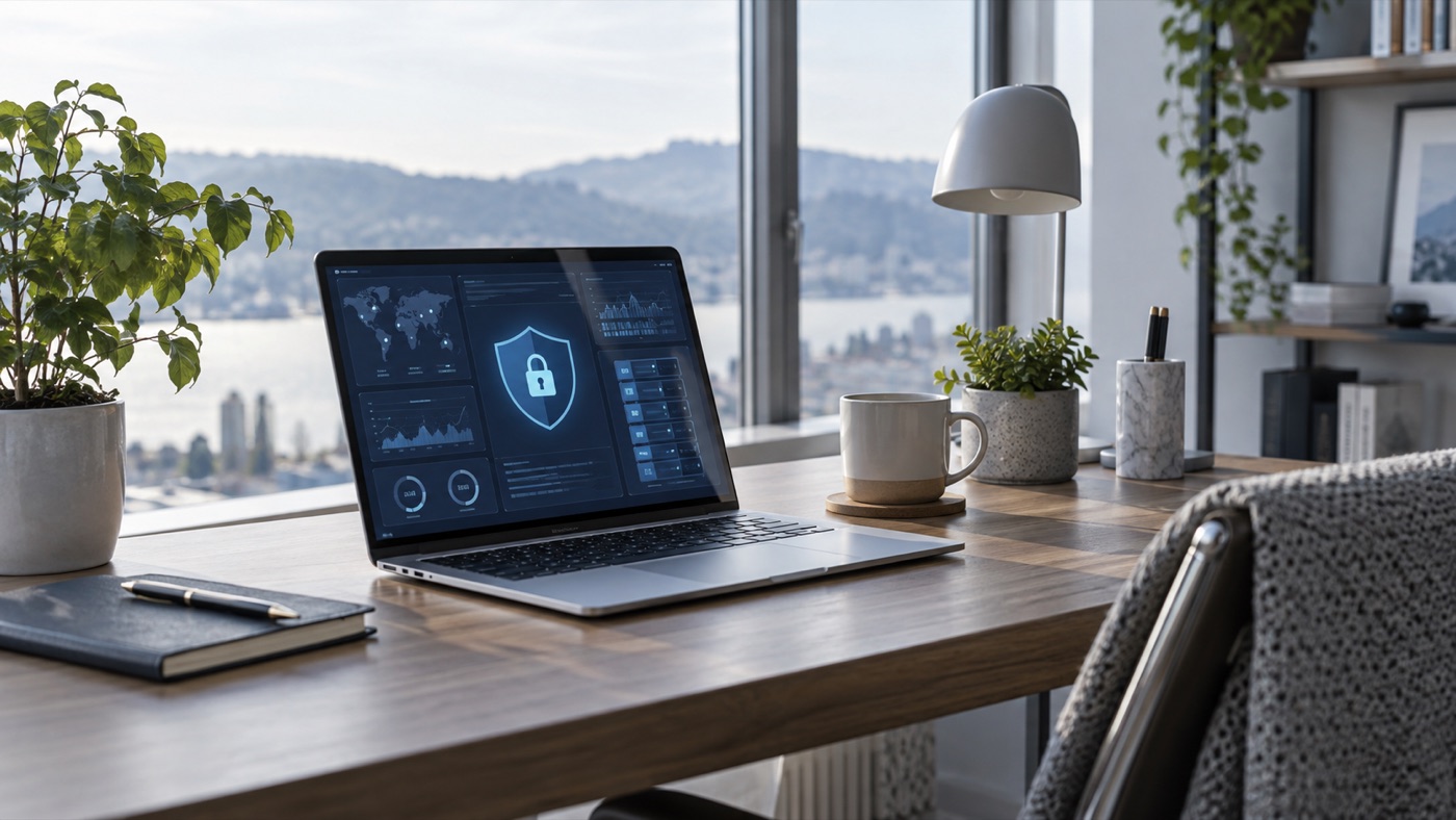 A modern workspace with a security dashboard open on a laptop