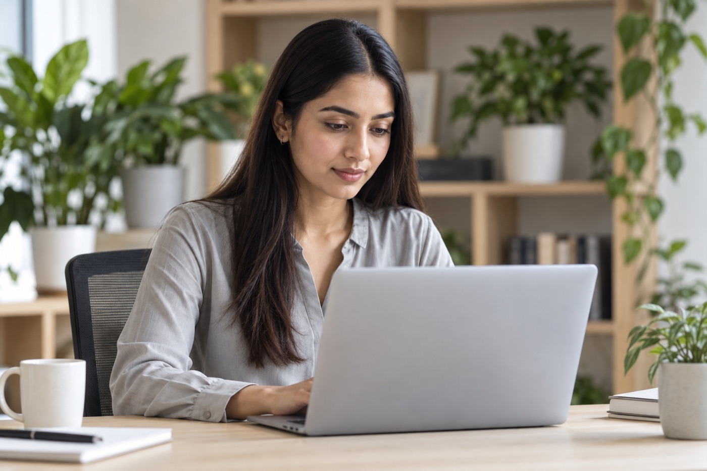 A team member working calmly at a laptop