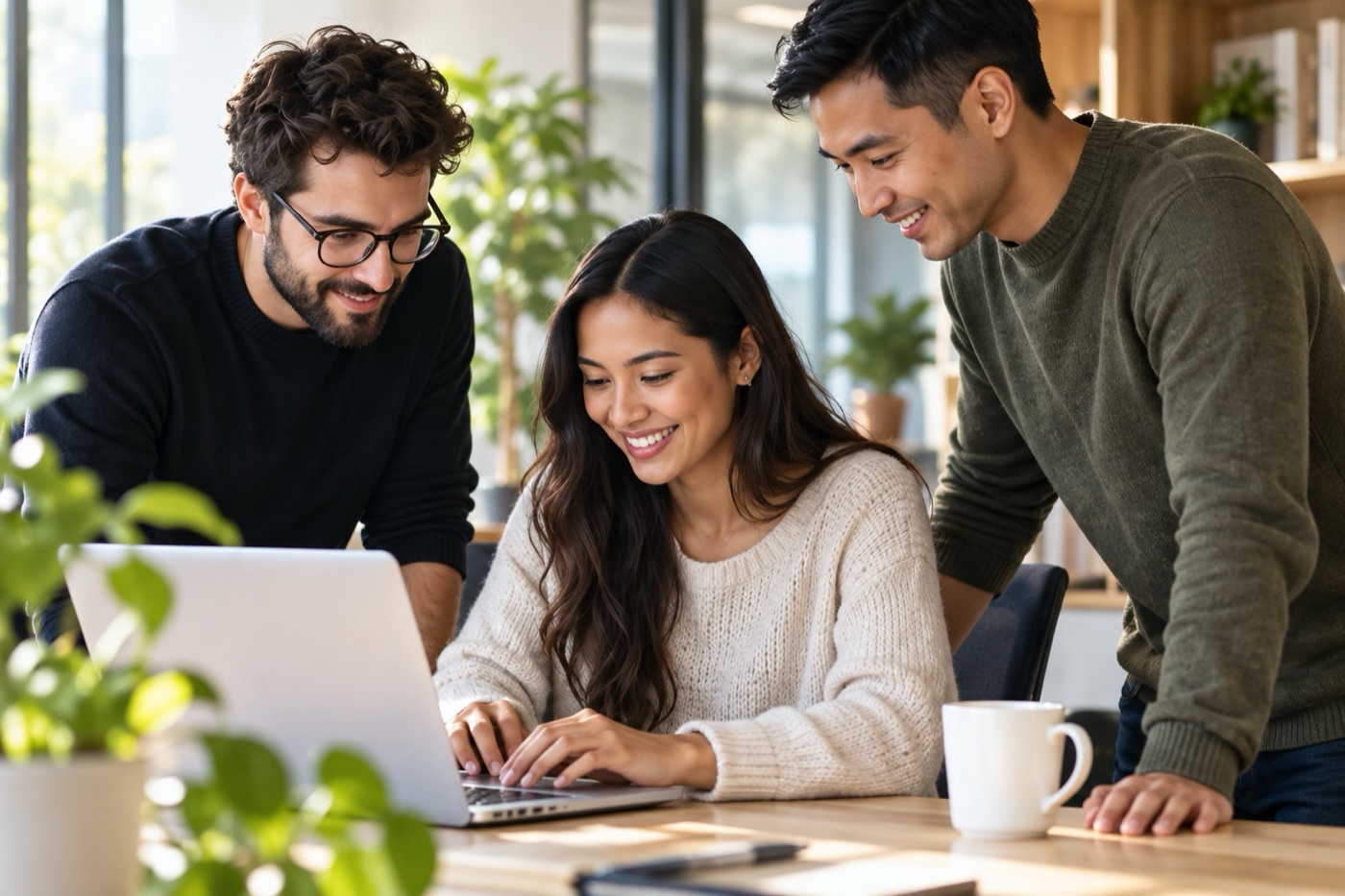 Three colleagues collaborating around a laptop