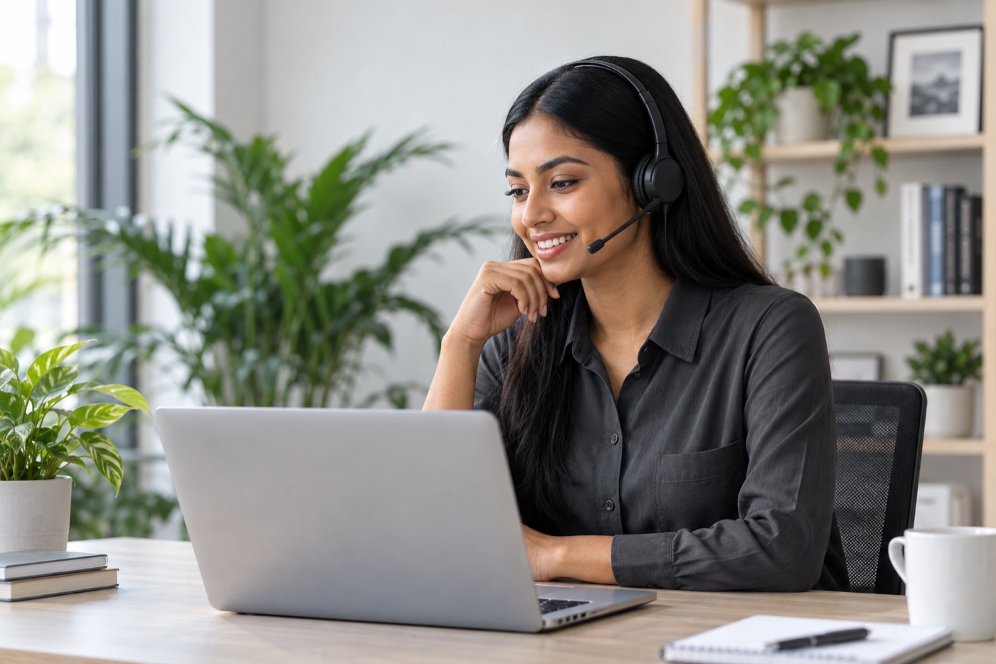 A colleague working remotely from a bright office