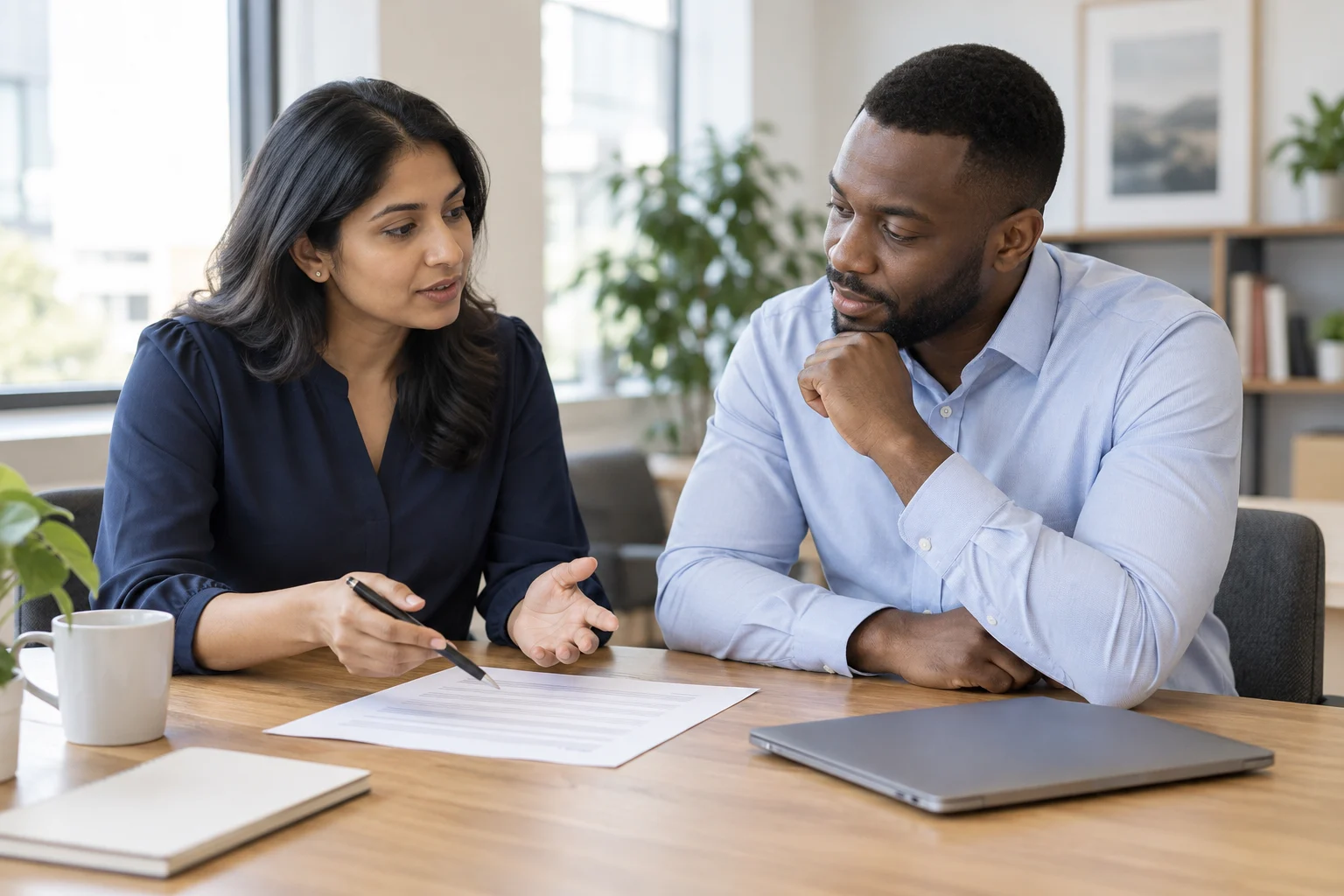 Two colleagues discussing a printed workplace policy beside a closed laptop in a bright meeting room