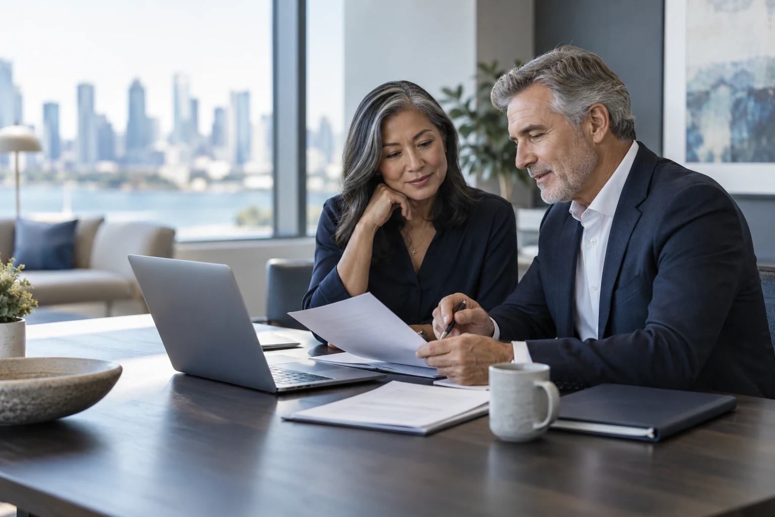 Two business leaders reviewing a software budget at a laptop