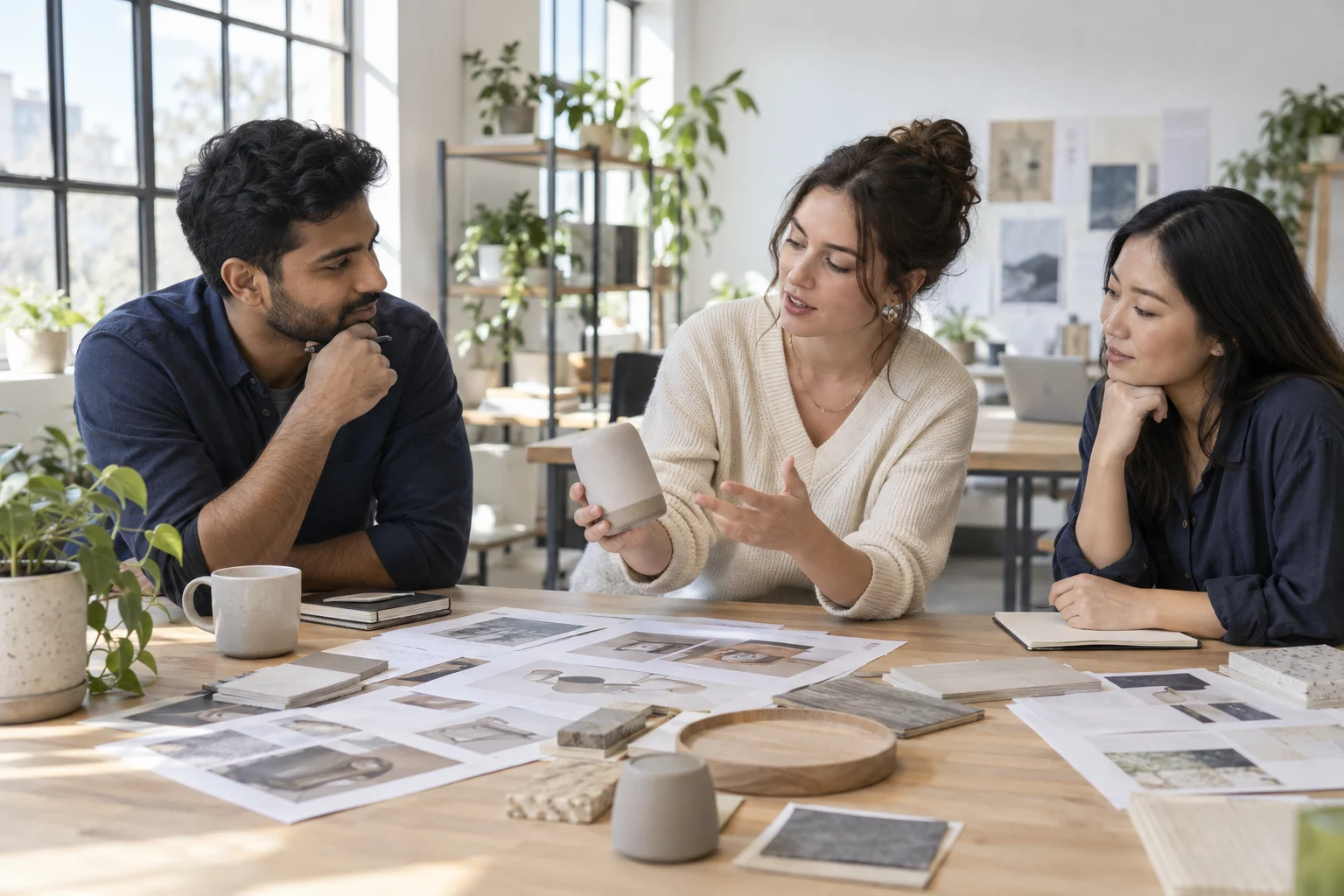 Three colleagues discussing paper design layouts and a physical prototype at a bright studio table