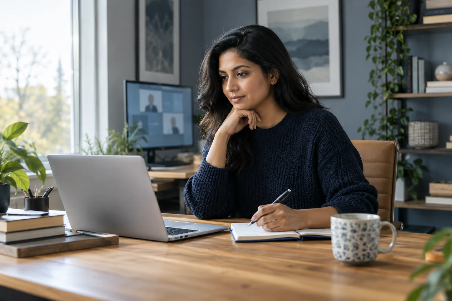 A remote professional working at a laptop beside a window in a calm home office