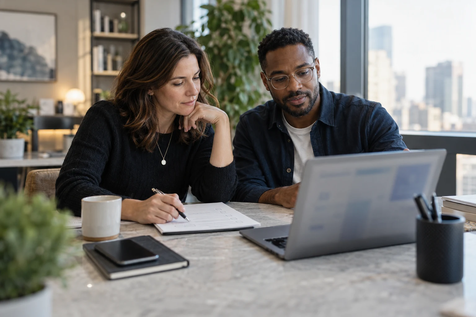 Two professionals reviewing a workplace software shortlist beside a laptop