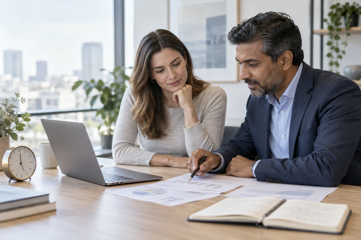 A project manager and a finance colleague reviewing project papers beside a laptop and a desk clock in a bright office