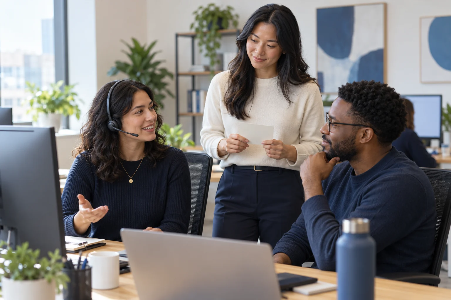 AI-generated editorial illustration of three support professionals coordinating a shift handoff; not Lendware employees or offices.