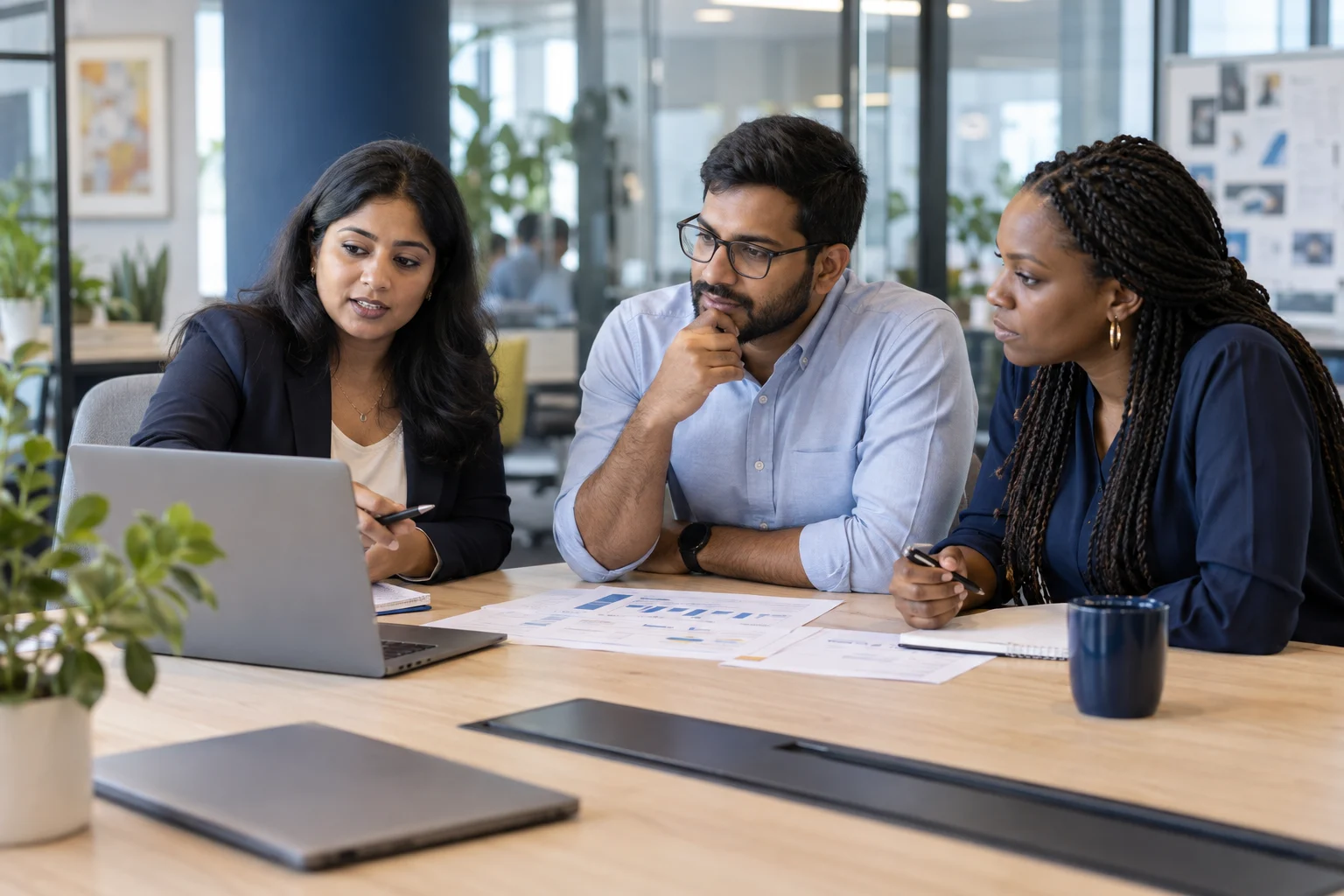 AI-generated editorial illustration of three IT delivery colleagues reviewing a project plan; not Spruce InfoTech employees.