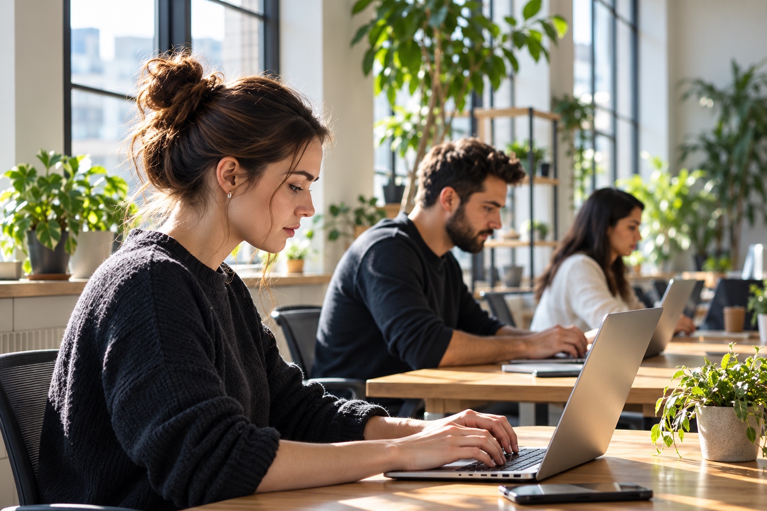 A professional working at a laptop in a light-filled workspace