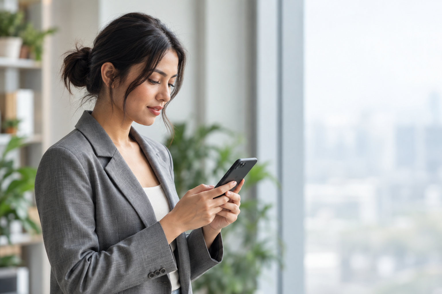A professional using Neebix on her phone by a bright office window