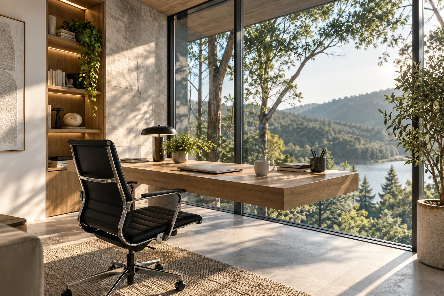 A calm, sunlit workspace looking out over a lake and trees